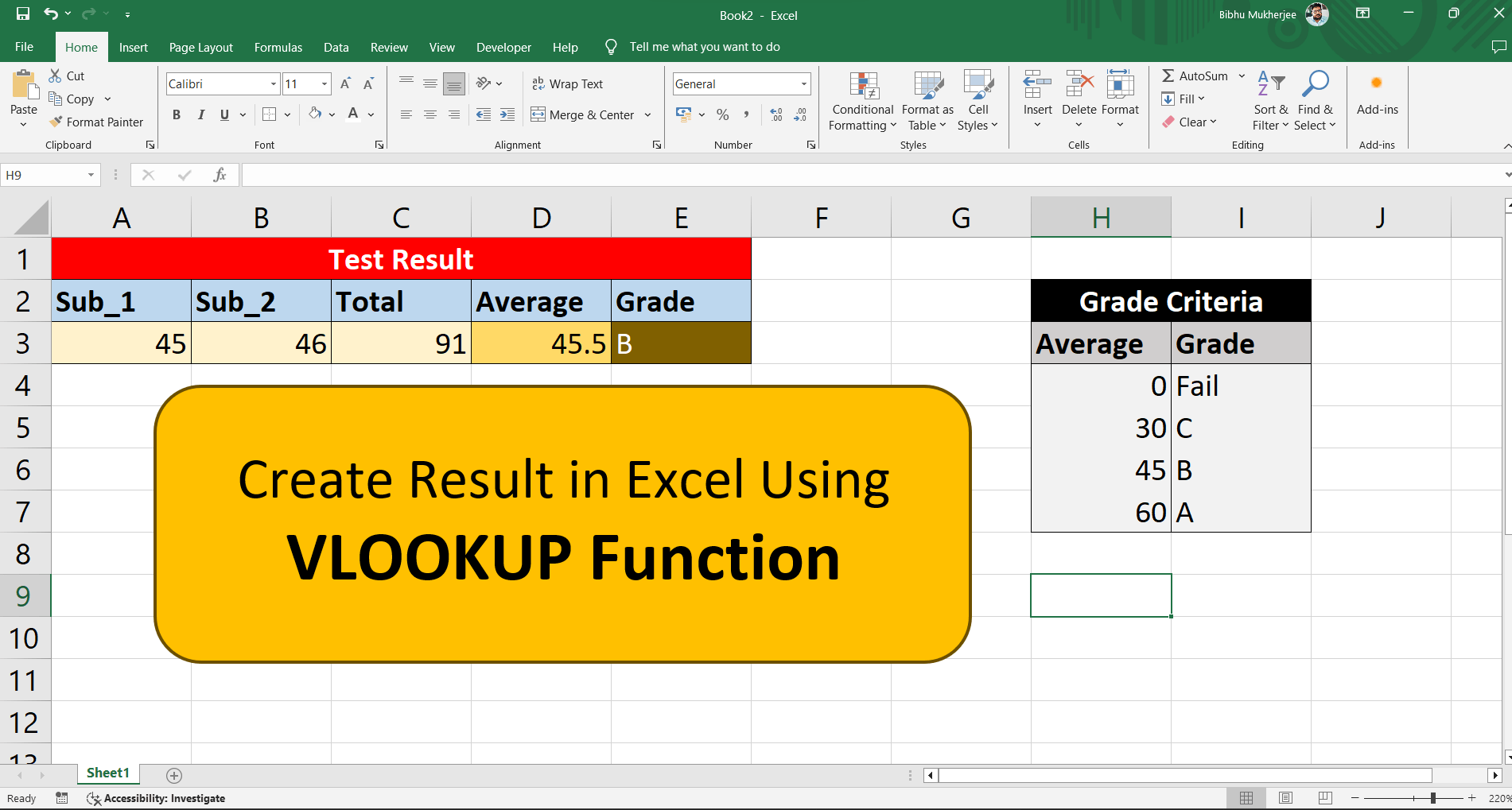 MS-Excel: Create Result or Grade using VLOOKUP function